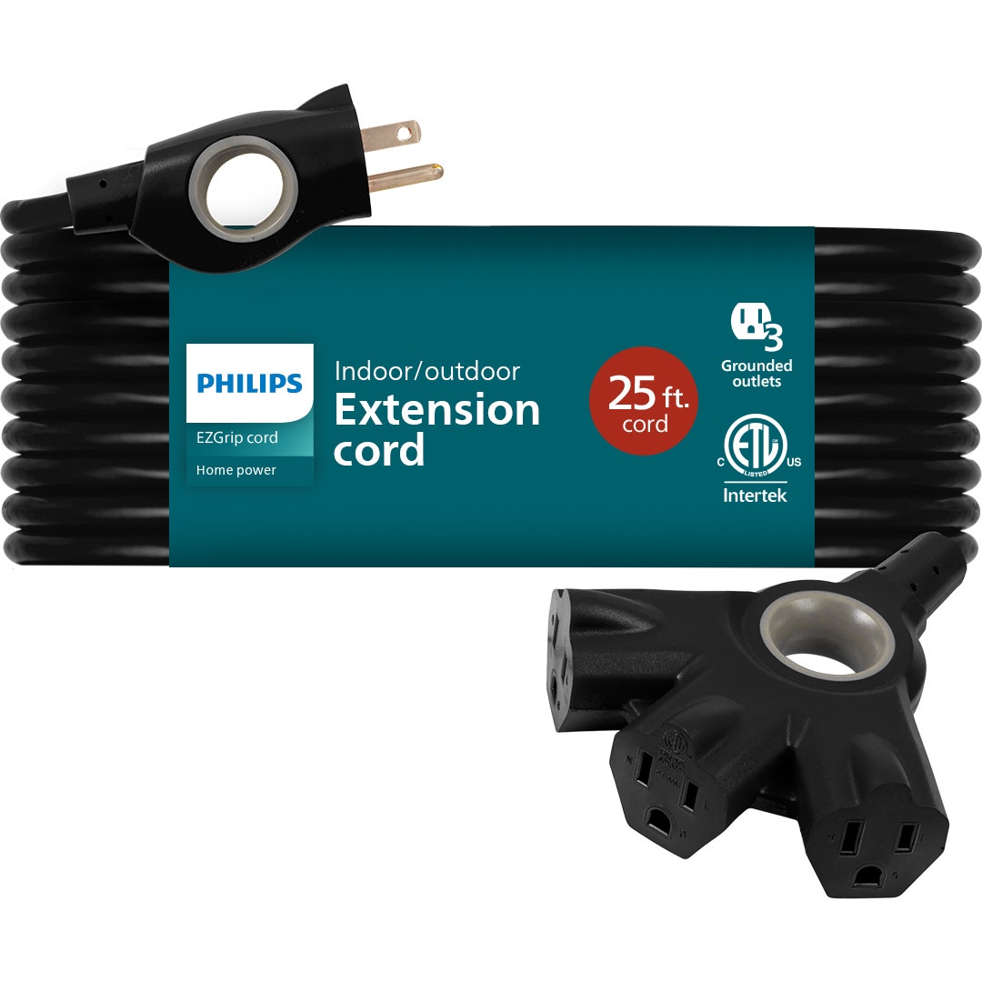 Philips EZGrip™ 3-Outlet 25ft Indoor/Outdoor Extension Cord, Black