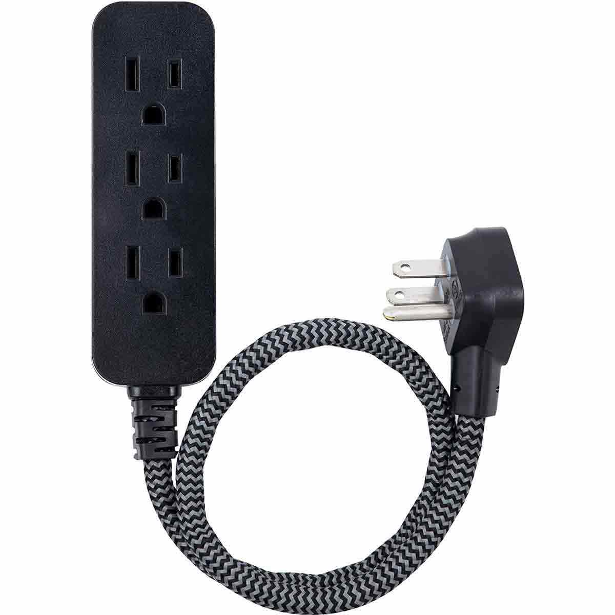 GE 3-Outlet 1ft. Mini Braided Extension Cord and Flat Plug, Black/Gray