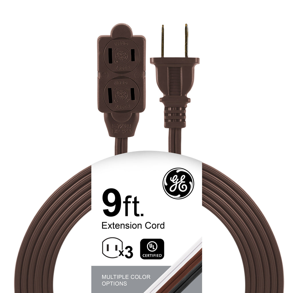 GE 3-Outlet 9ft. Extension Cord with Twist-to-Close Outlets, Brown