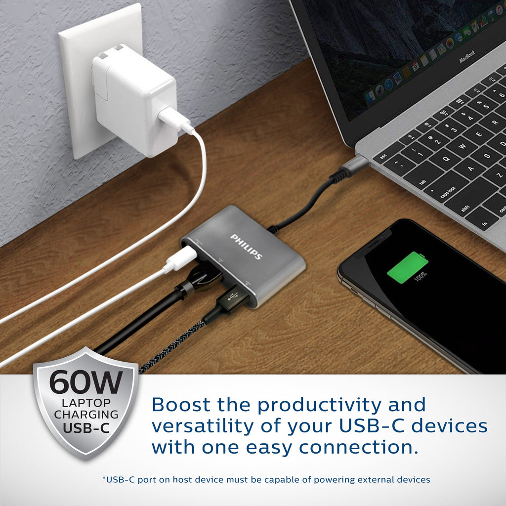 Philips USB-C 3-in-1 Multiport Hub With Power Pass-Through, Silver
