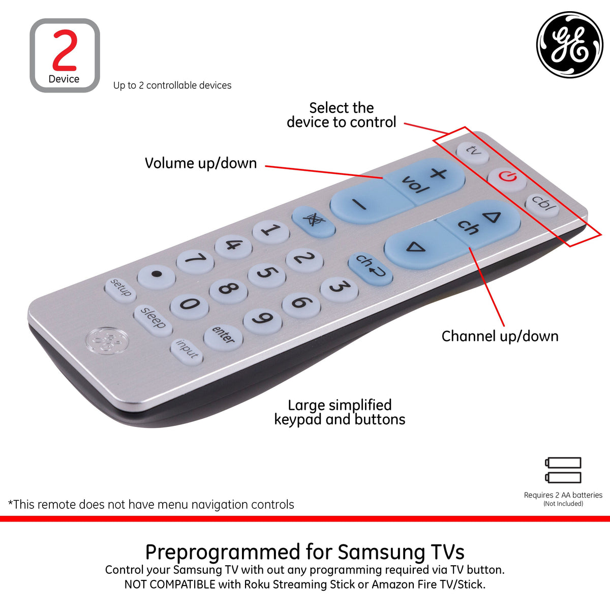 GE 2-Device Universal Remote, Brushed Silver