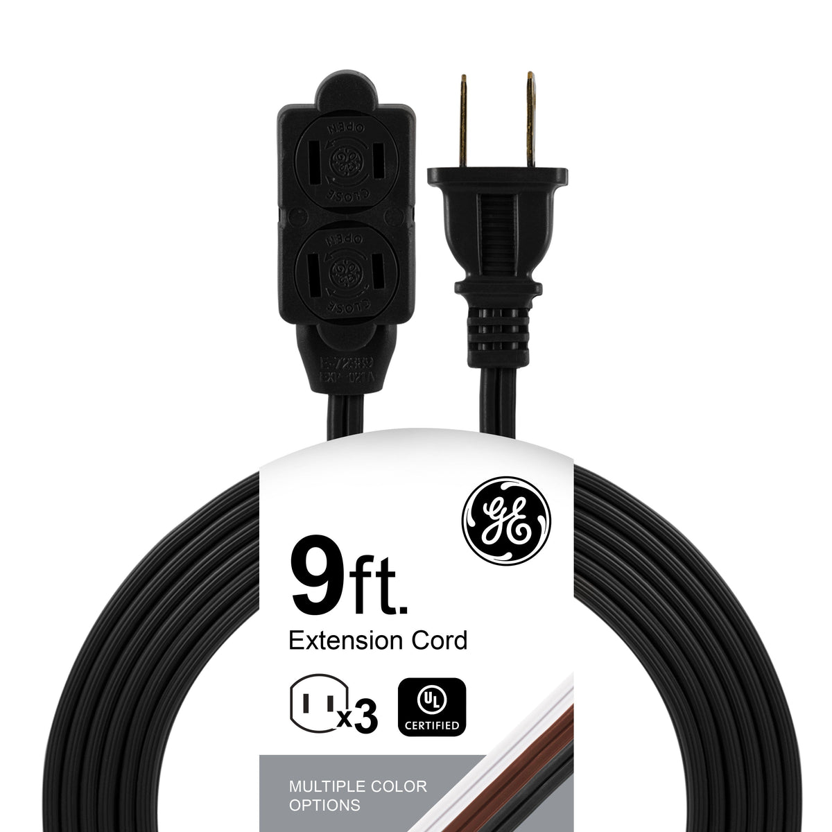 GE 3-Outlet 9ft. Indoor Extension Cord with Twist-to-Close Outlets, Black