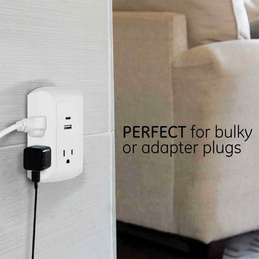GE 5-Outlet 2-USB Wall Tap with Surge Protection and USB-C, White