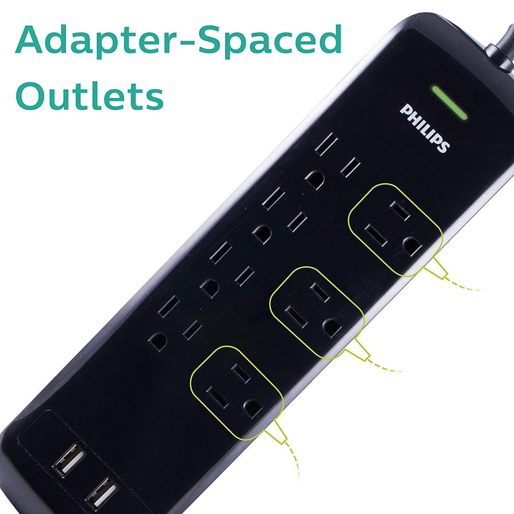 Philips 7-Outlet 2-USB 4ft. Surge Protector, Black