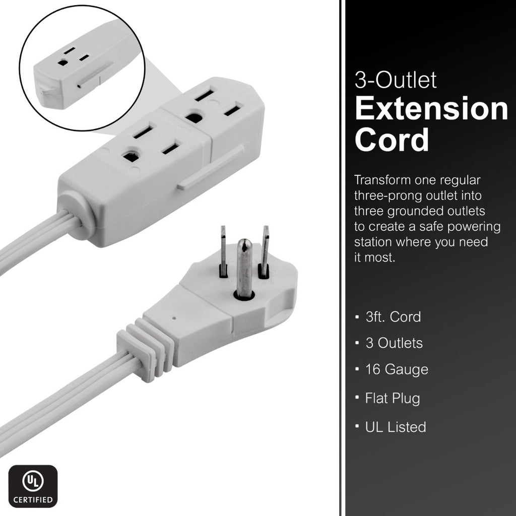 GE 3-Outlet 3ft. Extension Cord with Right-Angle Plug, Gray