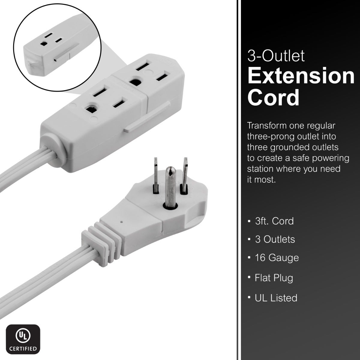 GE 3-Outlet 3ft. Extension Cord with Right-Angle Plug, Gray