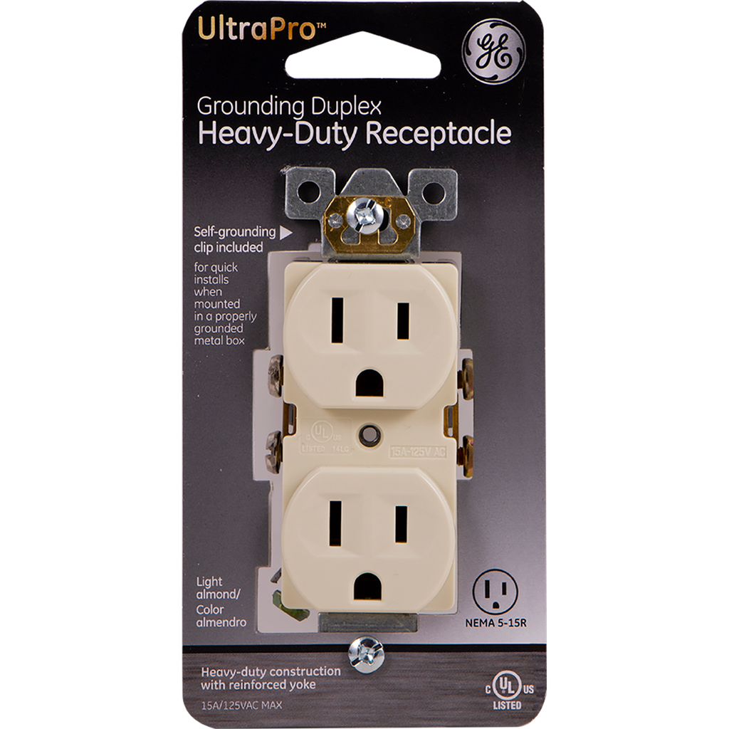 GE UltraPro Grounding Duplex Heavy-Duty Receptacle, Light Almond