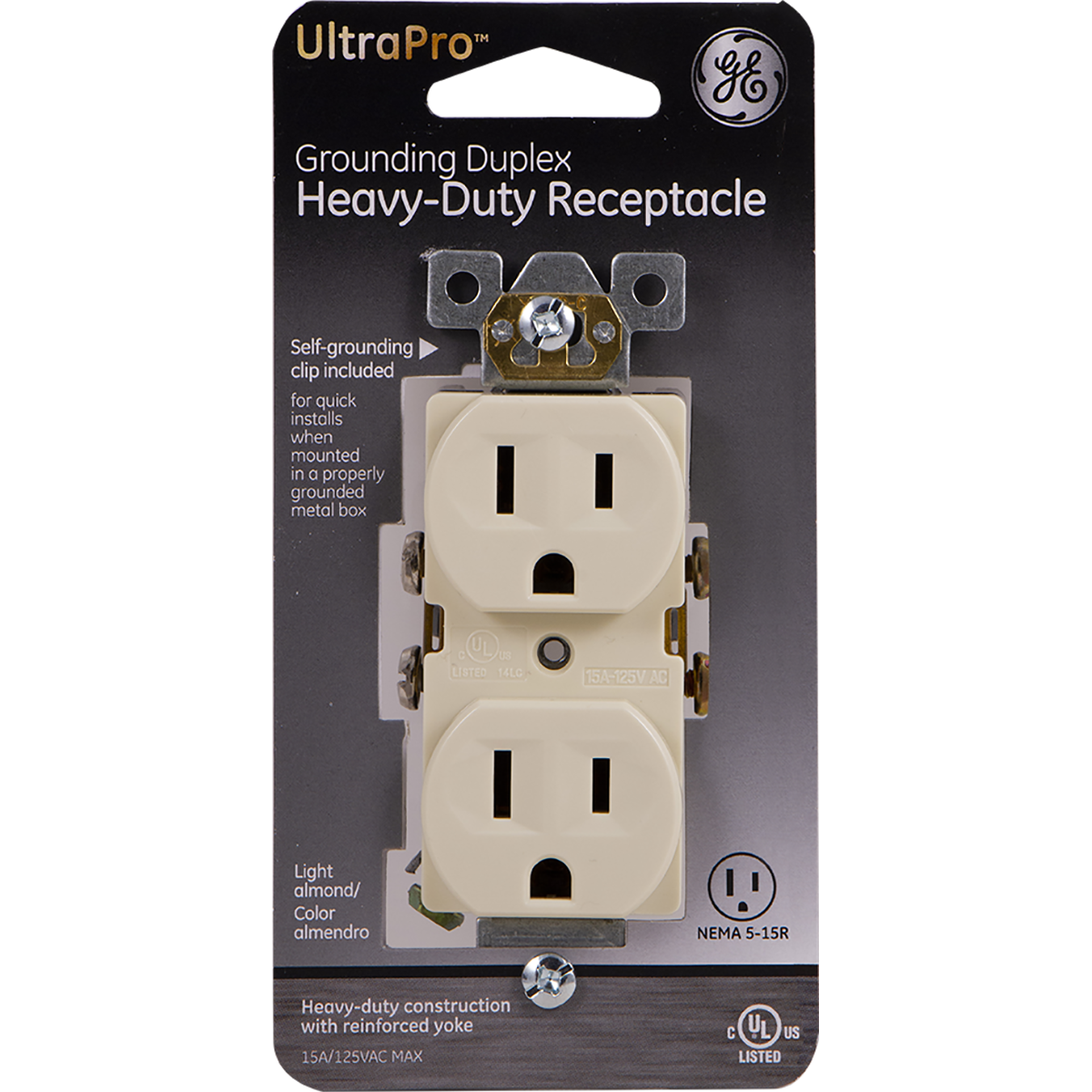 GE UltraPro Grounding Duplex Heavy-Duty Receptacle, Light Almond