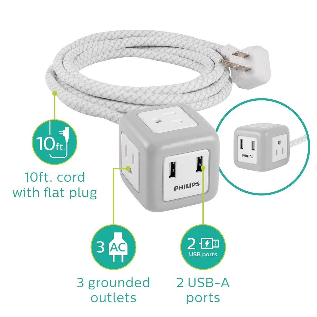 Philips 3-Outlet 2-USB 10ft. Extension Cord with Rubberized Cube, Gray/White