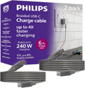 Philips USB-C to USB-C Cable, 240W, Braided, 6ft, Black/Gray Heather, 2 pack
