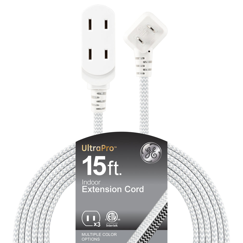 GE Indoor Flat Plug 15 Ft, 3-Outlet Braided Extension Cord, White/Gray