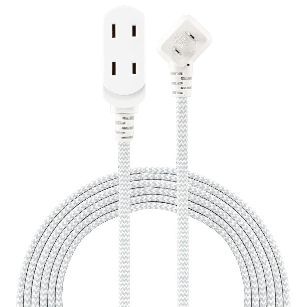 GE Indoor Flat Plug 15 Ft, 3-Outlet Braided Extension Cord, White/Gray