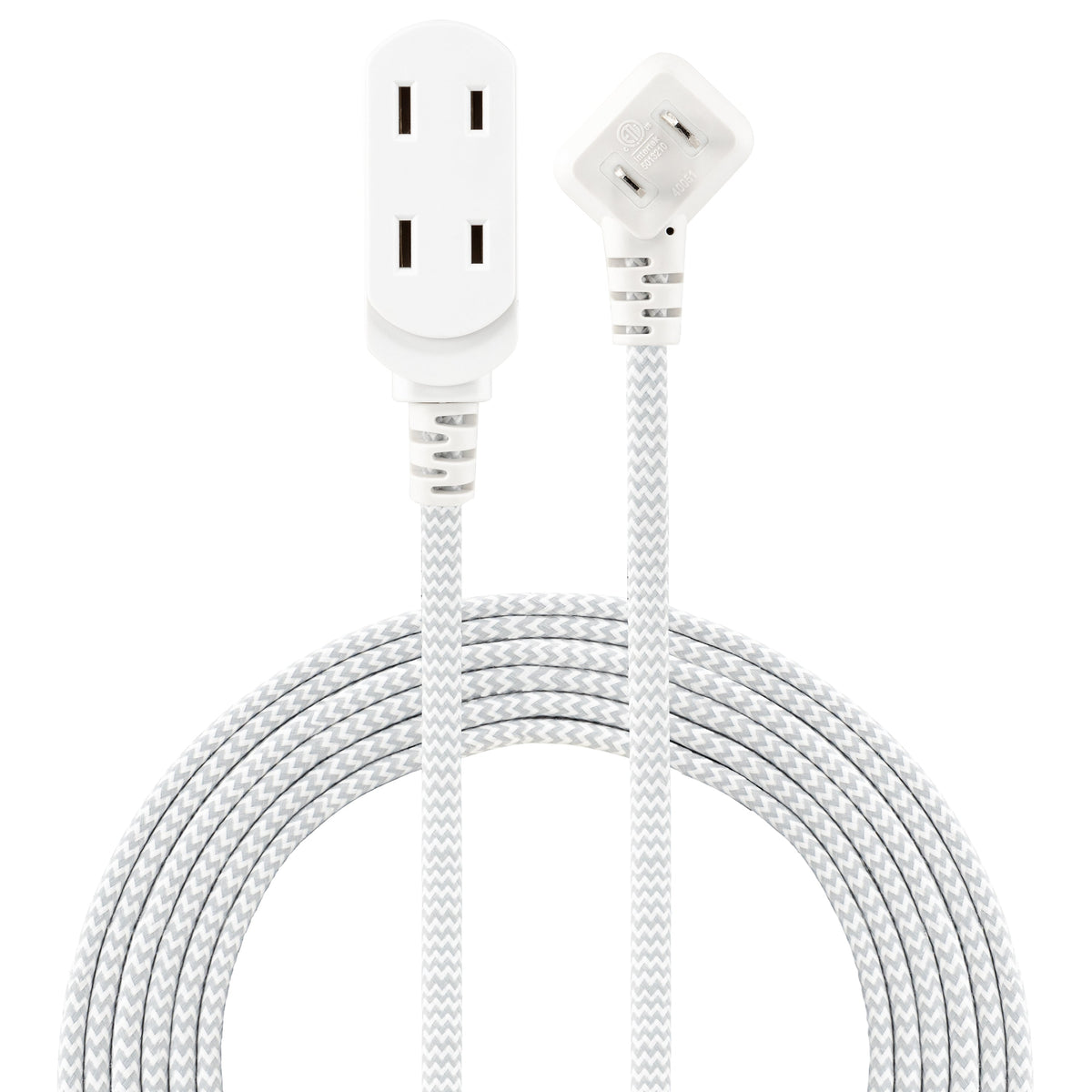 GE Indoor Flat Plug 15 Ft, 3-Outlet Braided Extension Cord, White/Gray