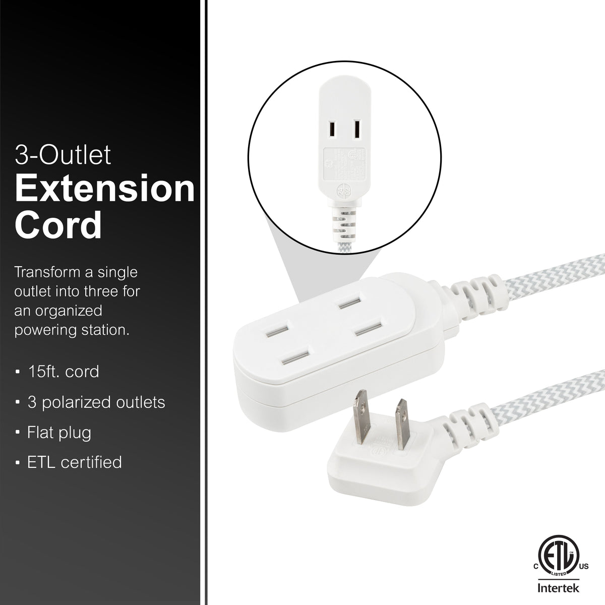 GE Indoor Flat Plug 15 Ft, 3-Outlet Braided Extension Cord, White/Gray