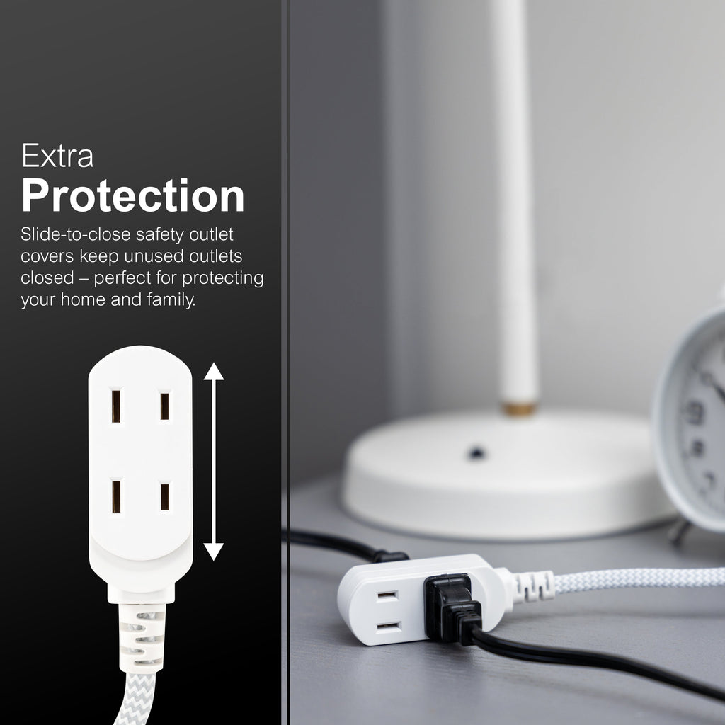 GE Indoor Flat Plug 15 Ft, 3-Outlet Braided Extension Cord, White/Gray