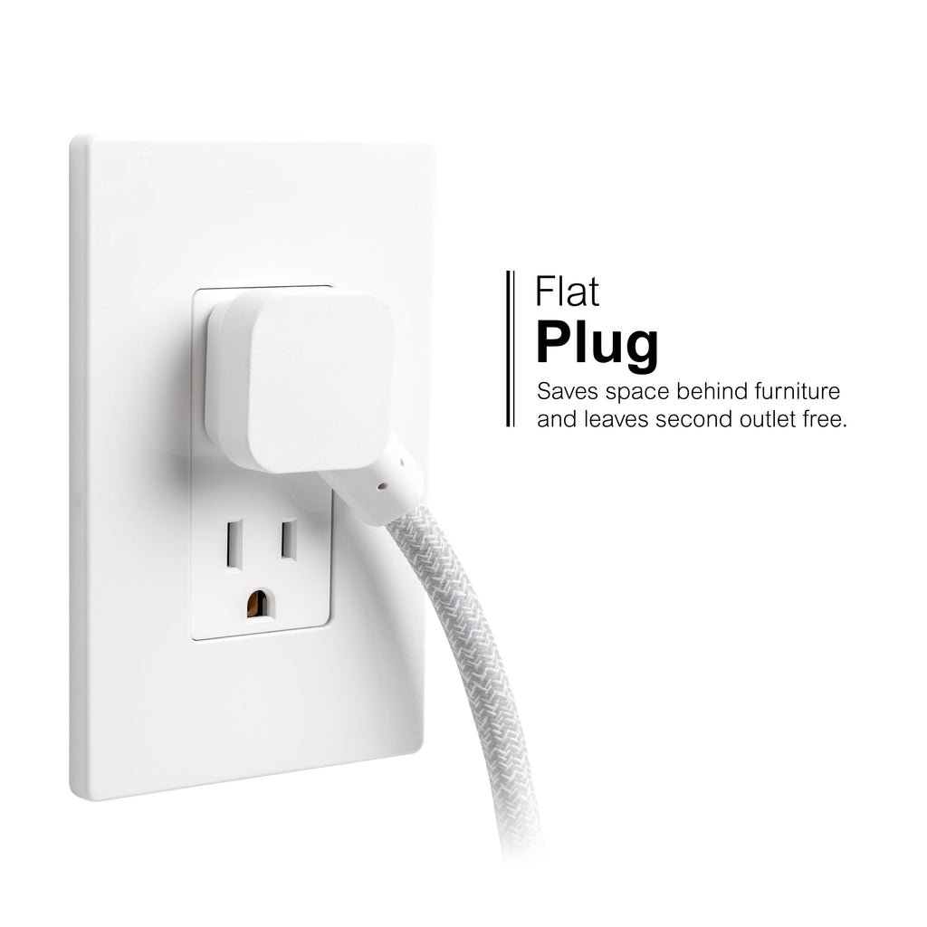 GE-branded Extension Cord with USB Charging 2 USB-A, 1 USB-C, 2 outlets, 6ft. Braided Cord, White/Gray