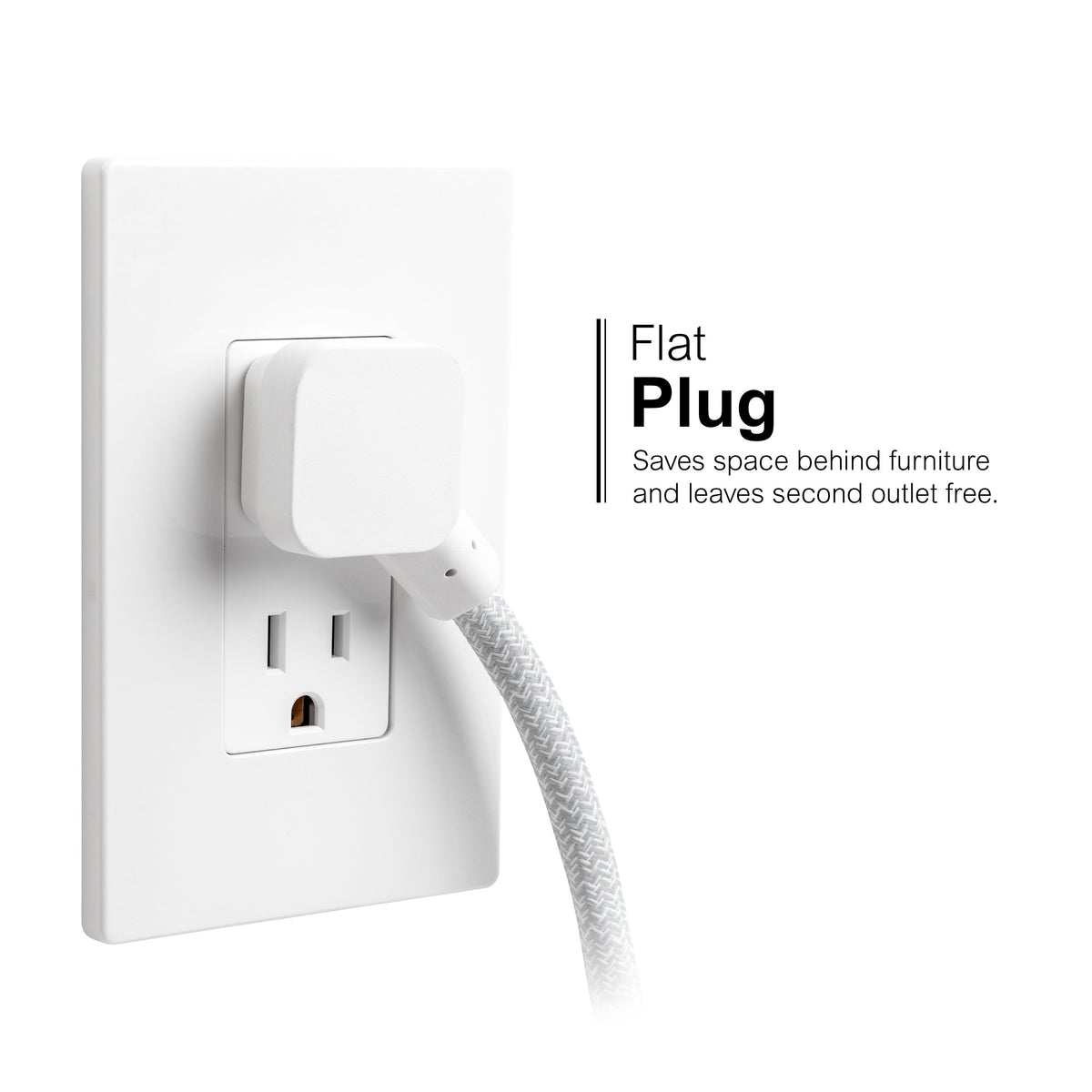 GE-branded Extension Cord with USB Charging 2 USB-A, 1 USB-C, 2 outlets, 6ft. Braided Cord, White/Gray