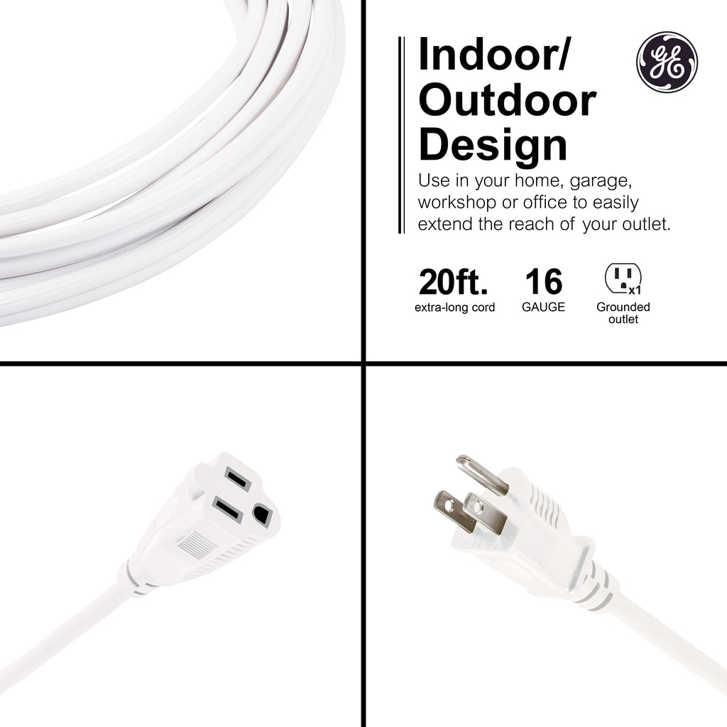 GE 1-Outlet Grounded Extension Cord, Outdoor, 20ft., 16AWG, White