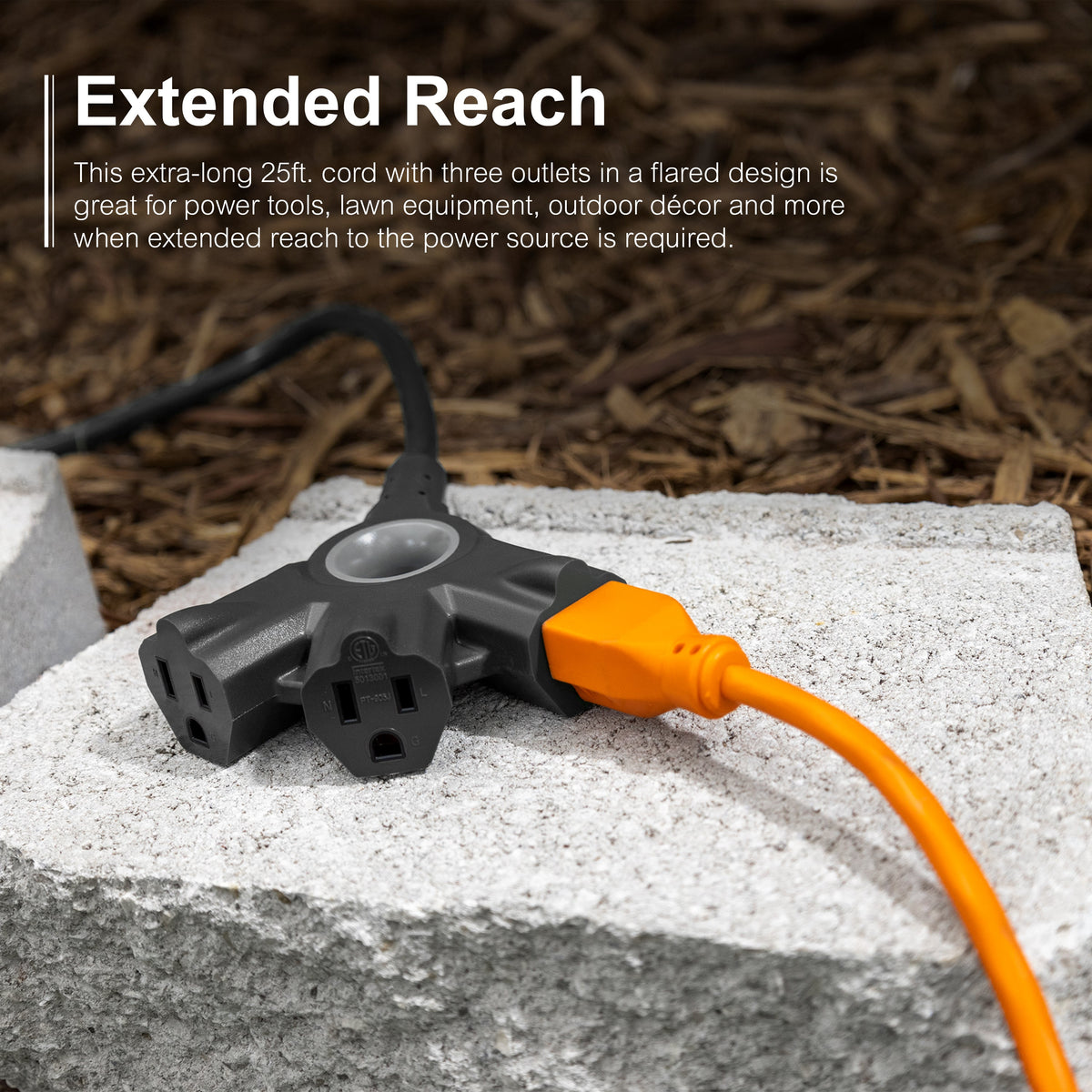GE-branded 3-Outlet EZGrip Grounded Extension Cord, 25ft., Indoor/Outdoor, Black