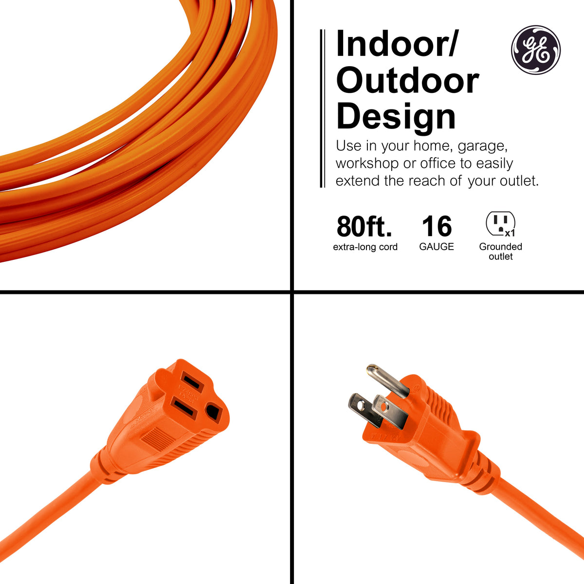 GE 1-Outlet Grounded Extension Cord, Outdoor, 80ft., 16AWG, Orange