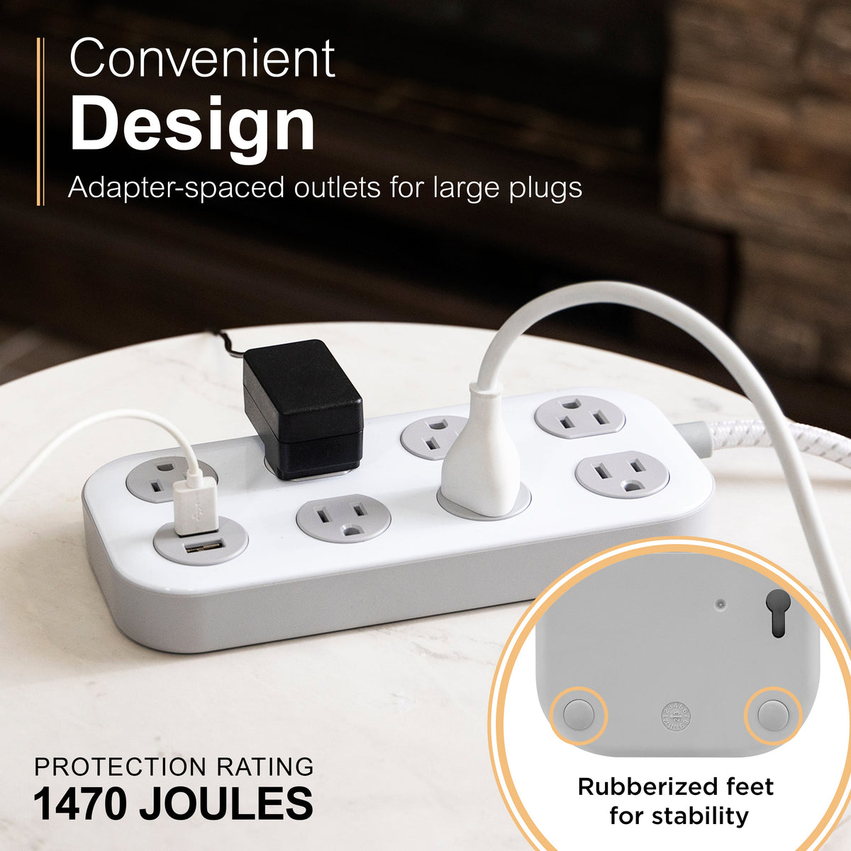 GE-branded UltraPro 7-Outlet Surge Protector, 2 USB-A, 1470 Joules, 4ft., White/Gray