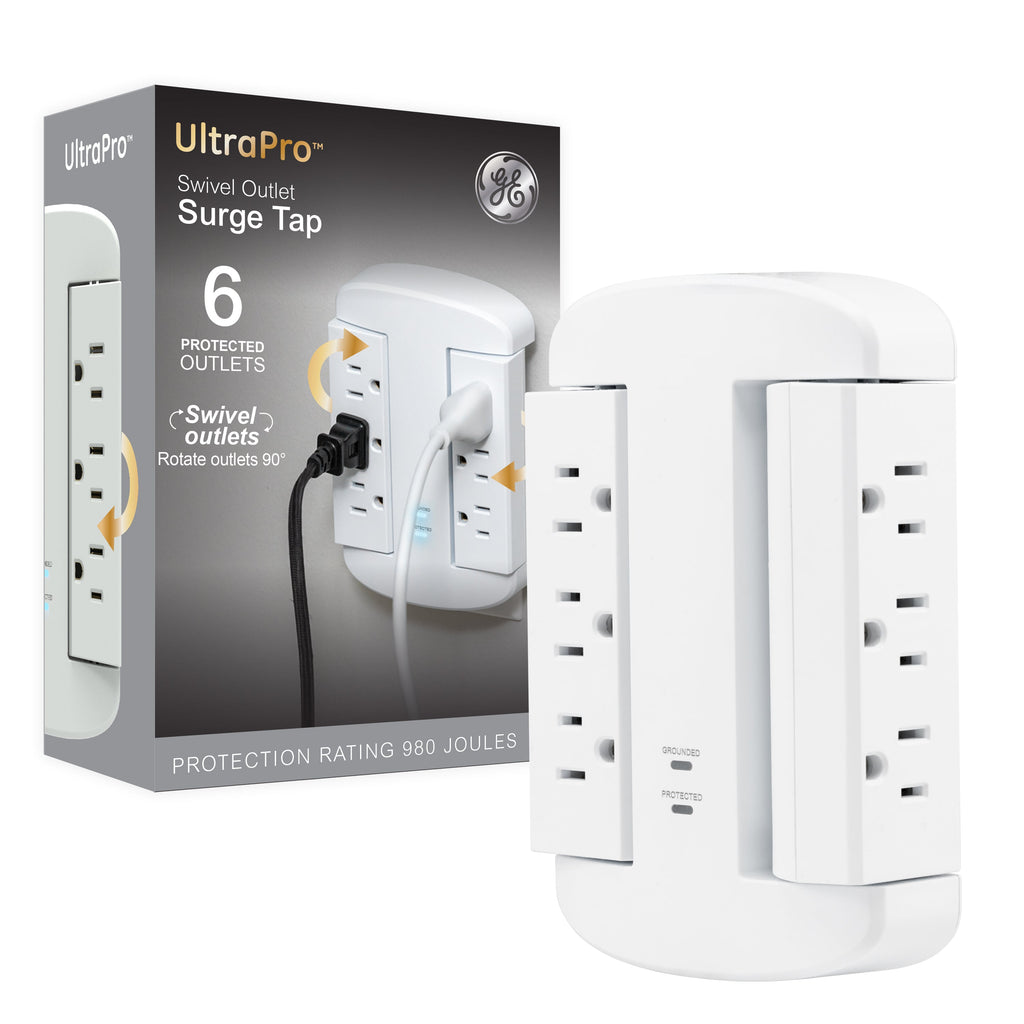 GE-branded UltraPro 6-Outlet Swivel Surge Tap, 980J, White