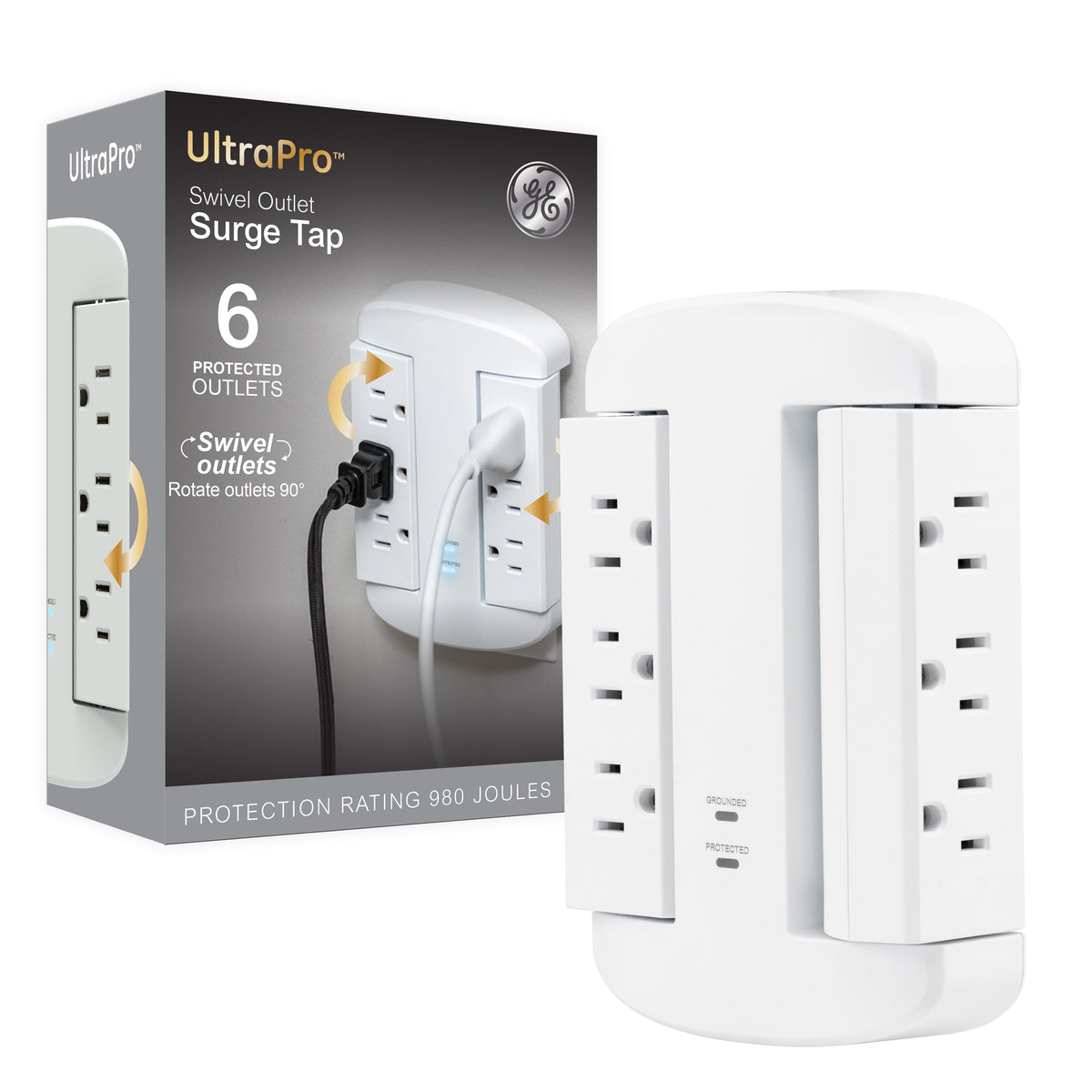 GE-branded UltraPro 6-Outlet Swivel Surge Tap, 980J, White