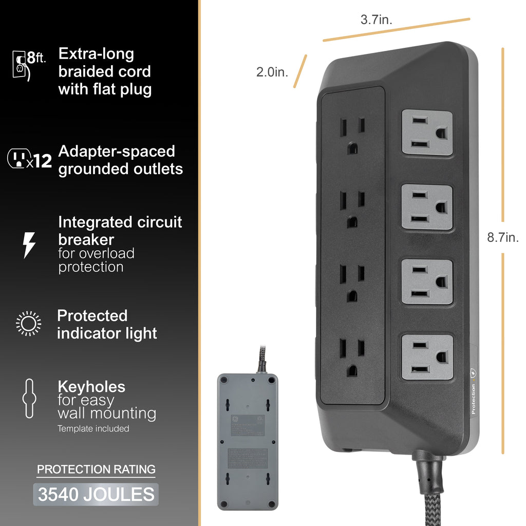 GE-branded UltraPro 12-Outlet Surge Protector, 3540J, 8ft. Braided Cord, Black