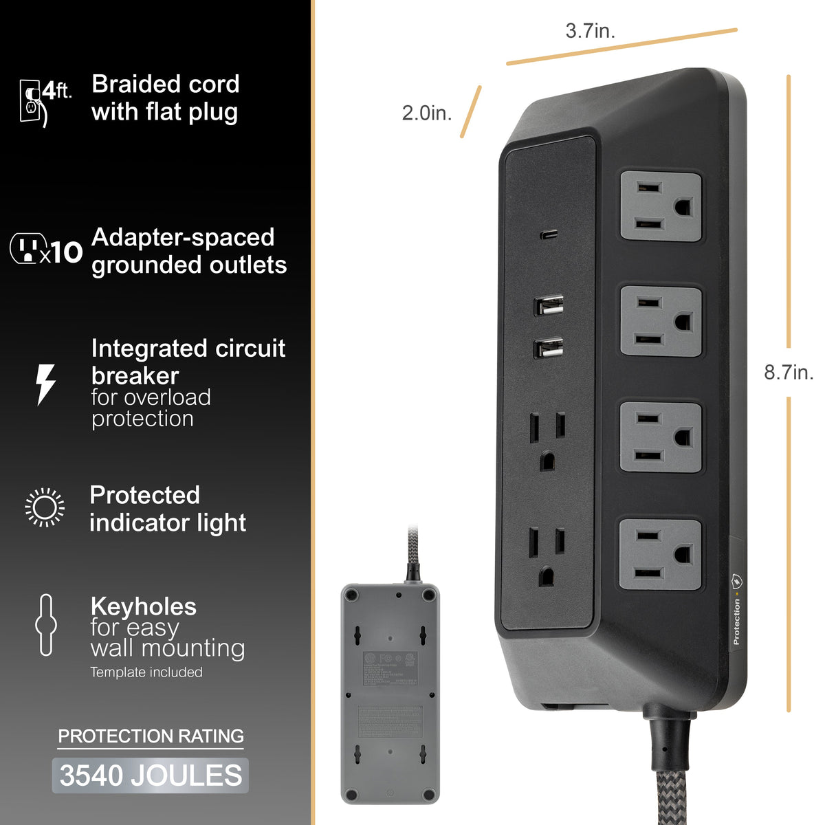 GE-branded UltraPro 10-Outlet Surge Protector, 3540J, 4ft. Braided Cord, Black