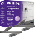 Philips USB-C to USB-C Cable, 1ft, Braided Cord, 240W, Black/Gray Heather, 2 pack