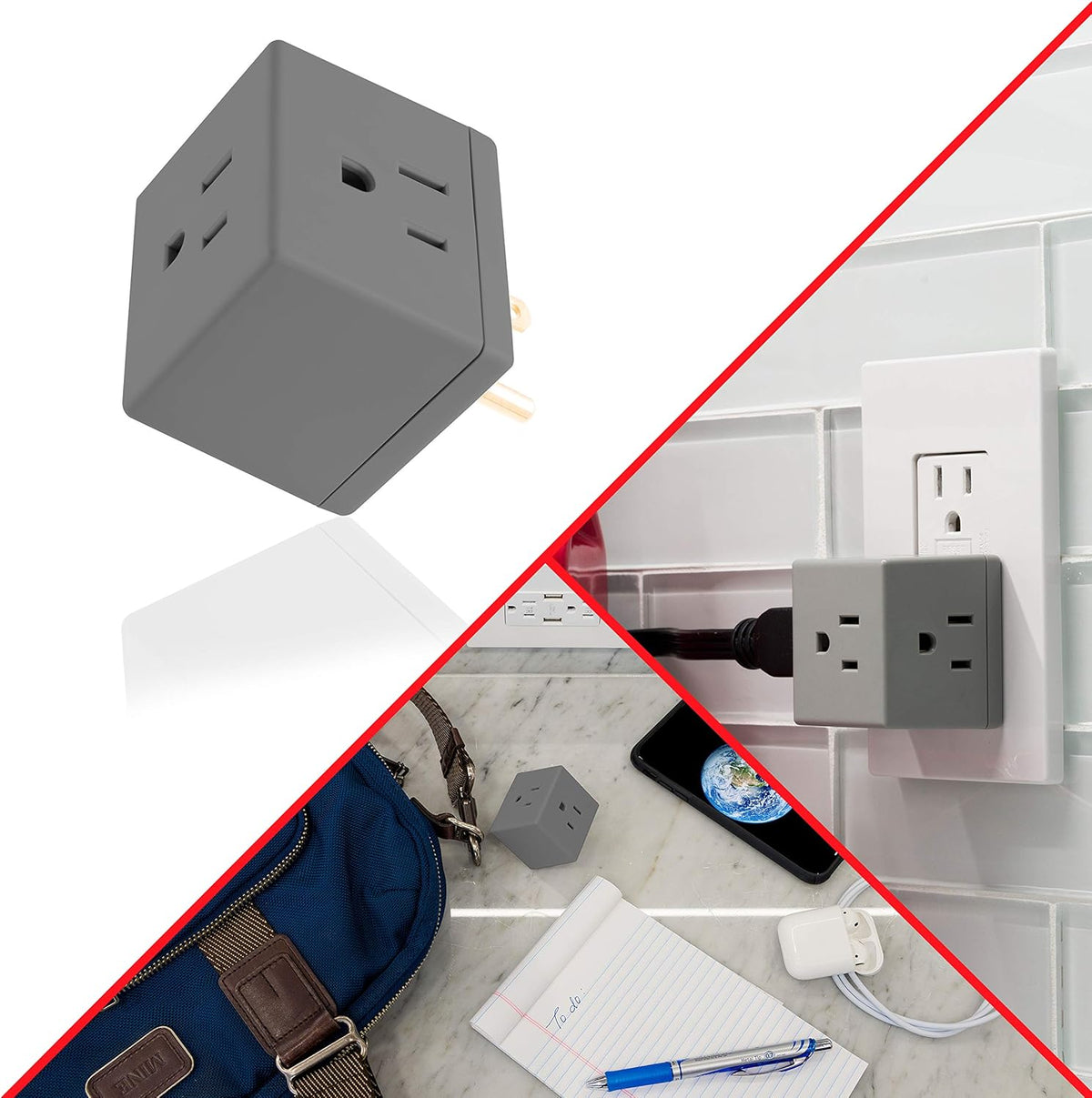 GE Grounded 3-Outlet Tap, Easy Access, Gray, 3pk