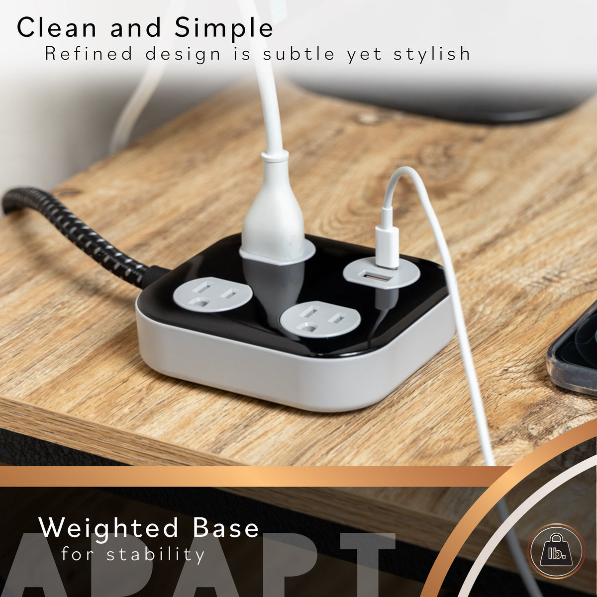 Cordinate ADAPT Surge Protector, 3-Outlet, 1 USB-A, 1 USB-C, 4ft., Black/Gray