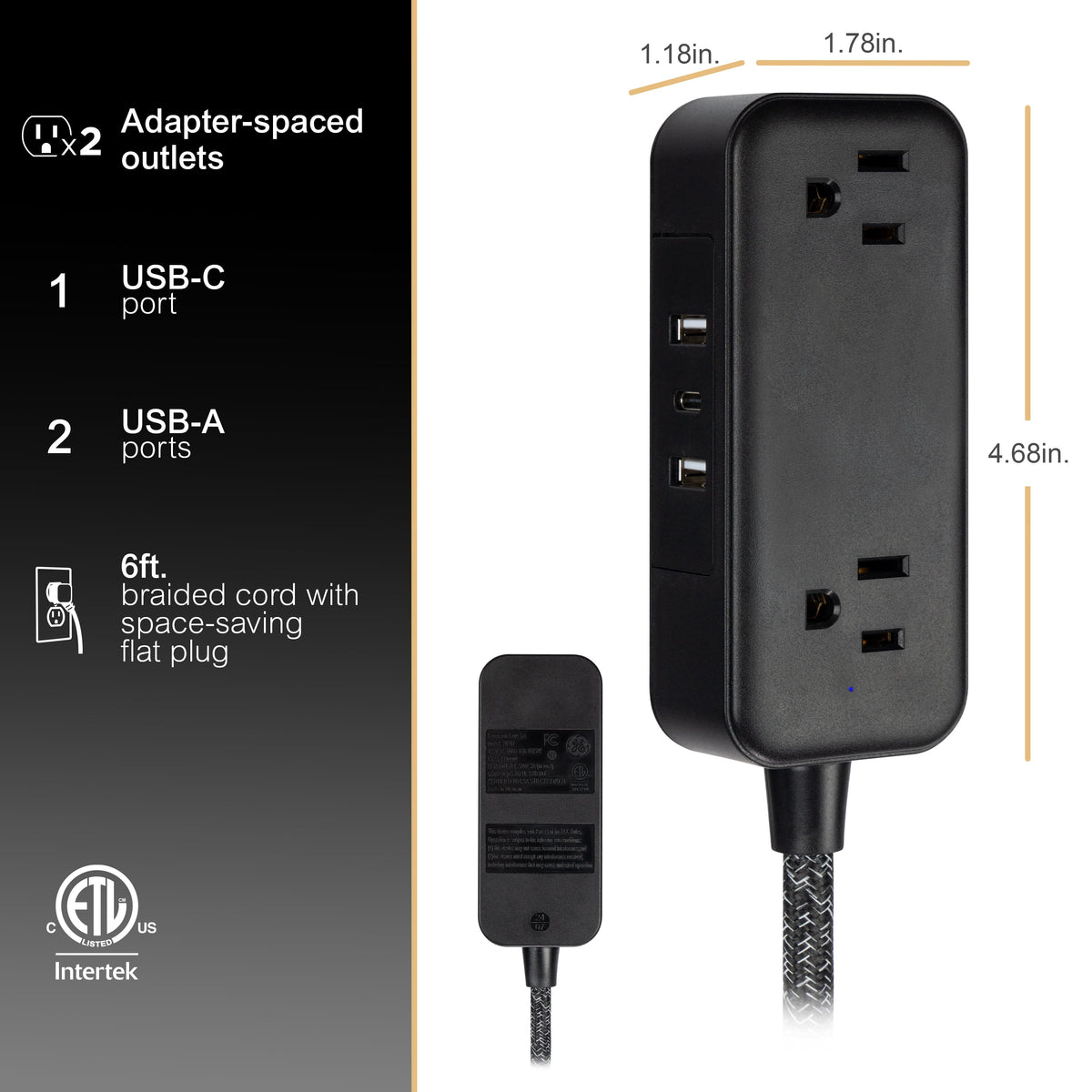 GE-branded Extension Cord with USB Charging 2 USB-A, 1 USB-C, 2 outlets, 6ft. Braided Cord, Black/Gray