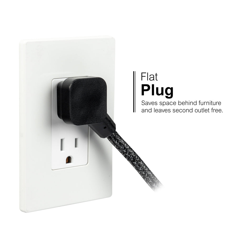 GE-branded Extension Cord with USB Charging 2 USB-A, 1 USB-C, 2 outlets, 6ft. Braided Cord, Black/Gray