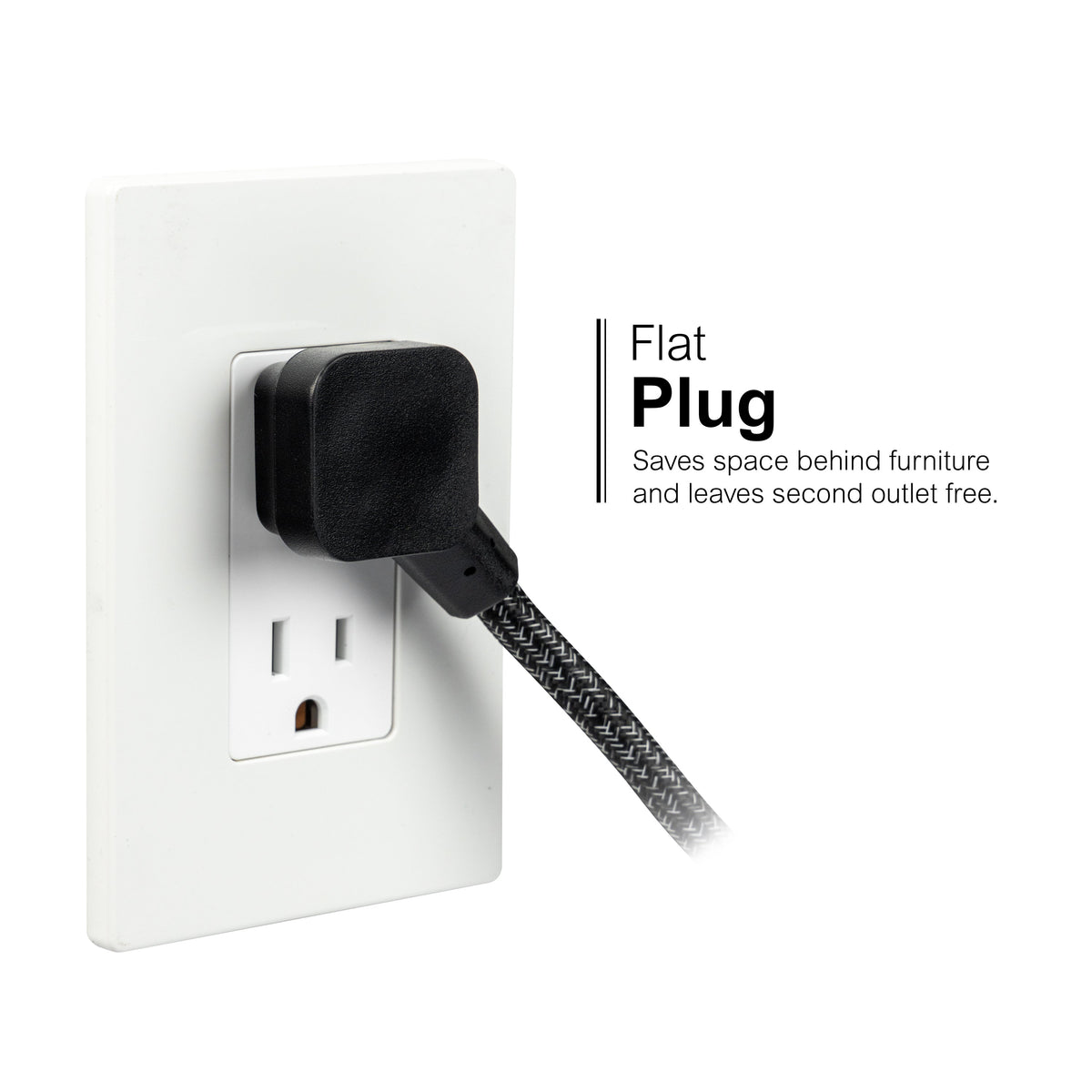 GE-branded Extension Cord with USB Charging 2 USB-A, 1 USB-C, 2 outlets, 6ft. Braided Cord, Black/Gray
