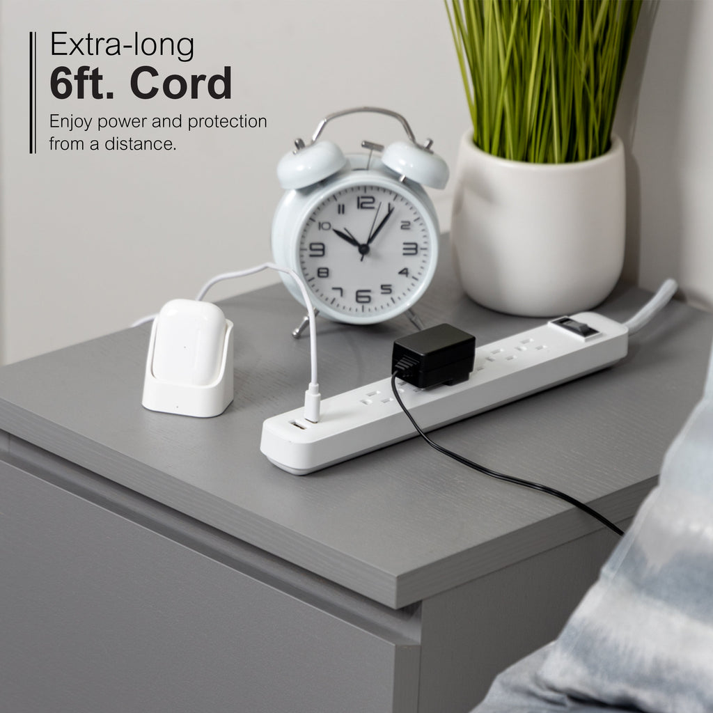 GE 6-Outlet Power Strip with USB, 1 USB-A & 1 USB-C, Flat Plug, White