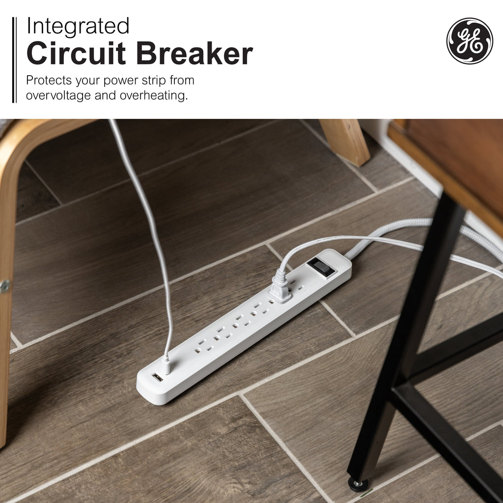 GE 6-Outlet Power Strip with USB, 1 USB-A & 1 USB-C, Flat Plug, White