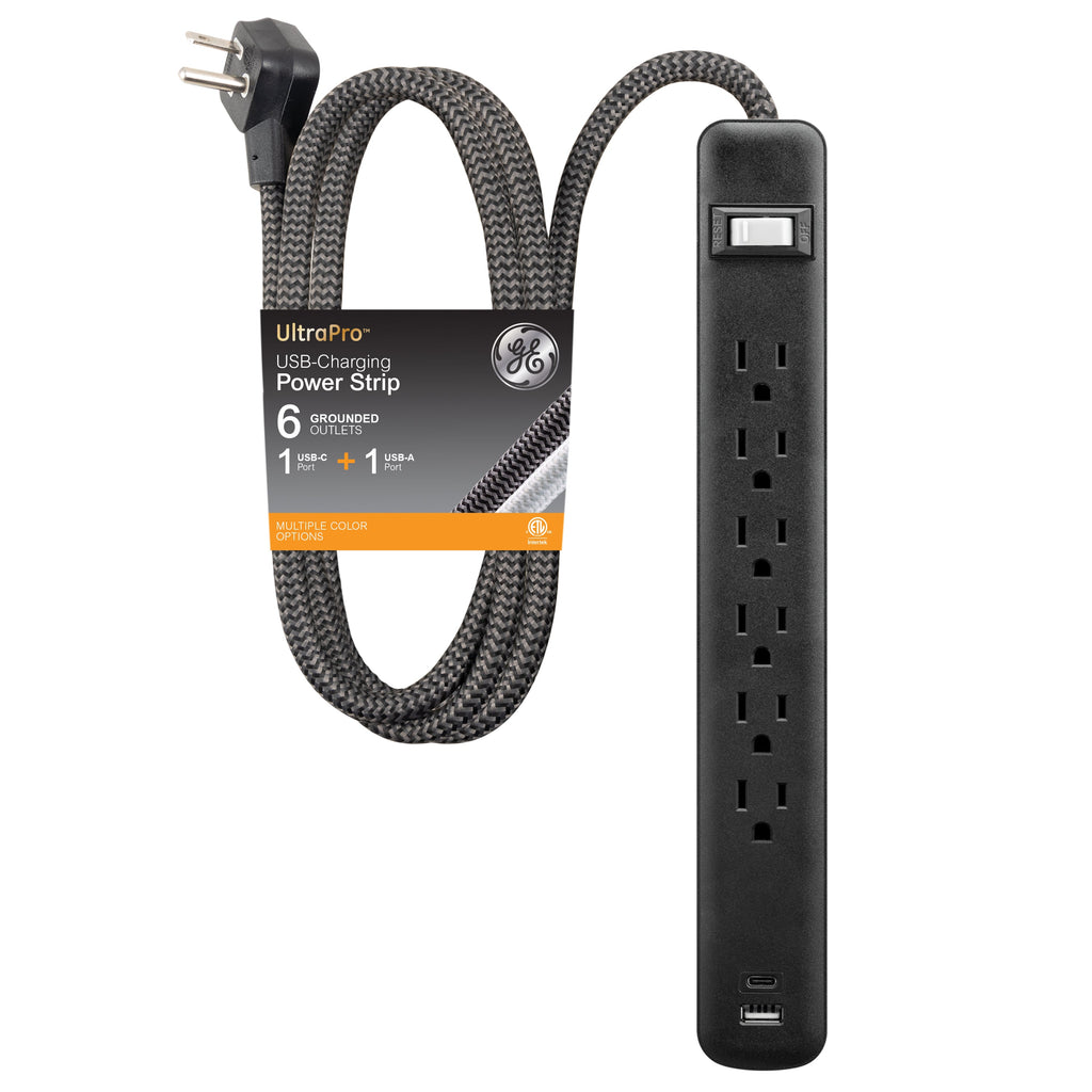 GE-branded 6-Outlet Power Strip with USB, 1 USB-A, 1 USB-C, 6ft., Black