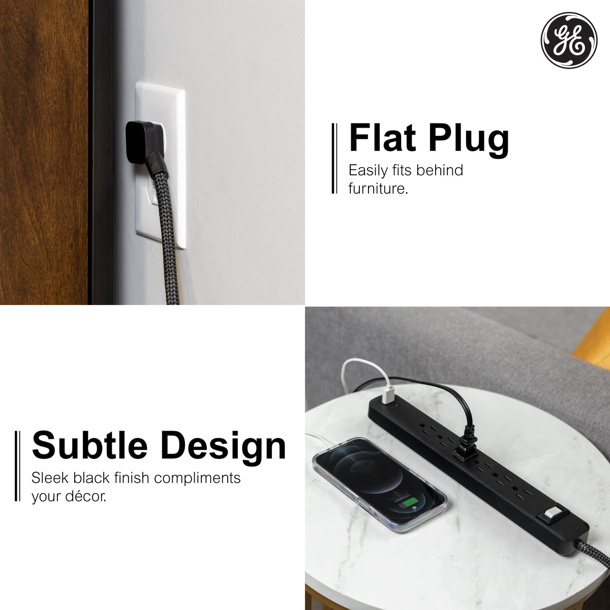 GE-branded 6-Outlet Power Strip with USB, 1 USB-A, 1 USB-C, 6ft., Black