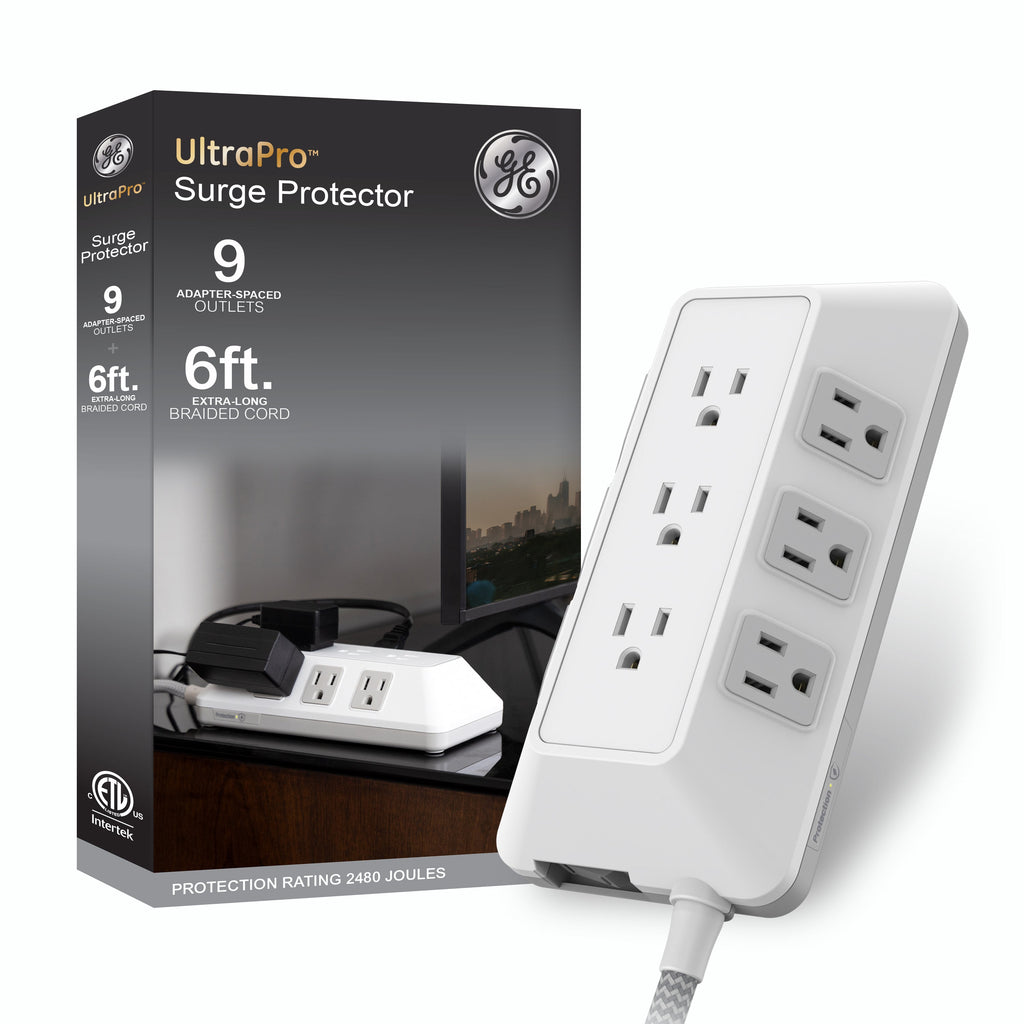 GE-branded 9-Outlet Surge Protector, 2480J, 6ft. Braided Cord, White