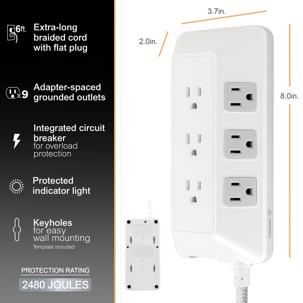 GE-branded 9-Outlet Surge Protector, 2480J, 6ft. Braided Cord, White