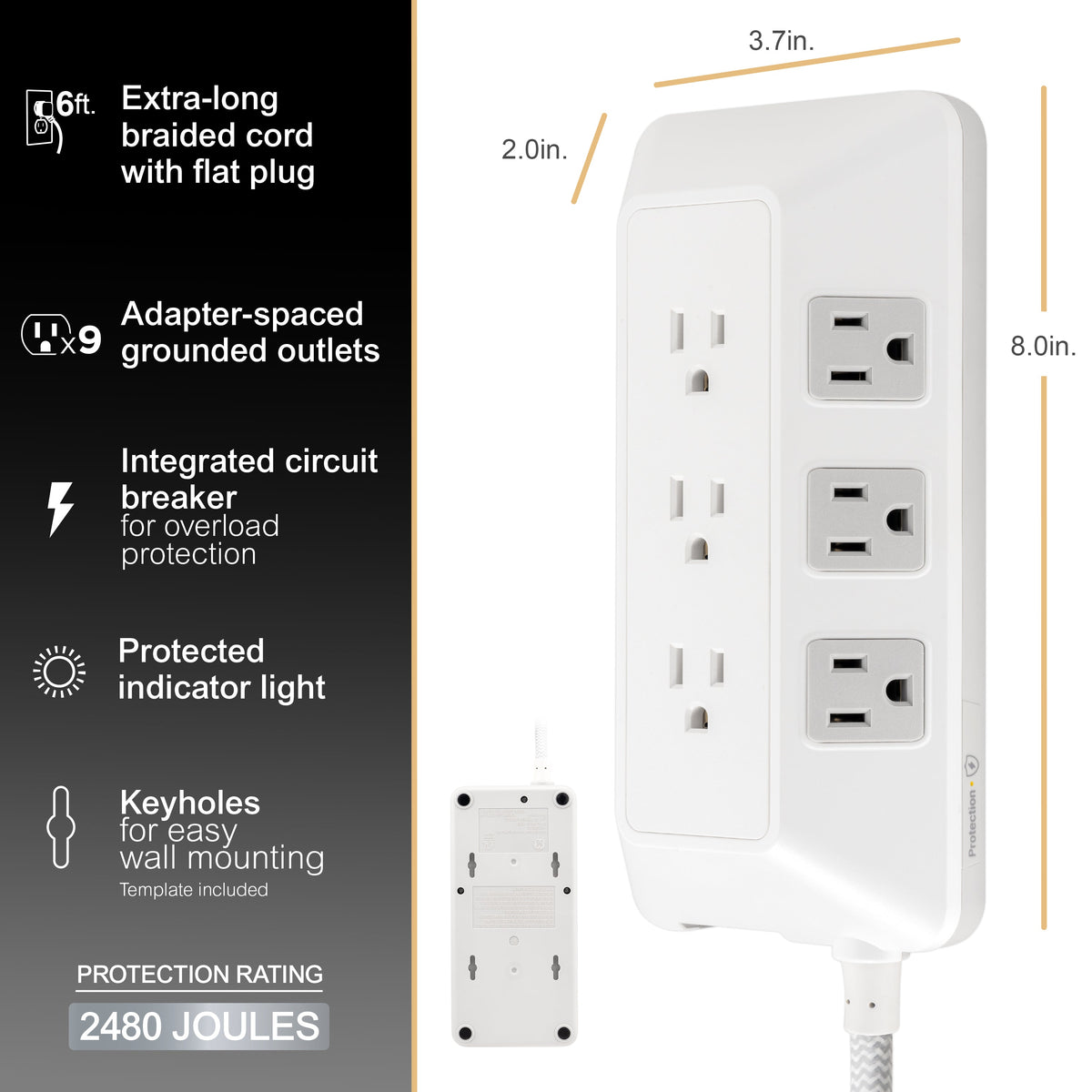 GE-branded 9-Outlet Surge Protector, 2480J, 6ft. Braided Cord, White