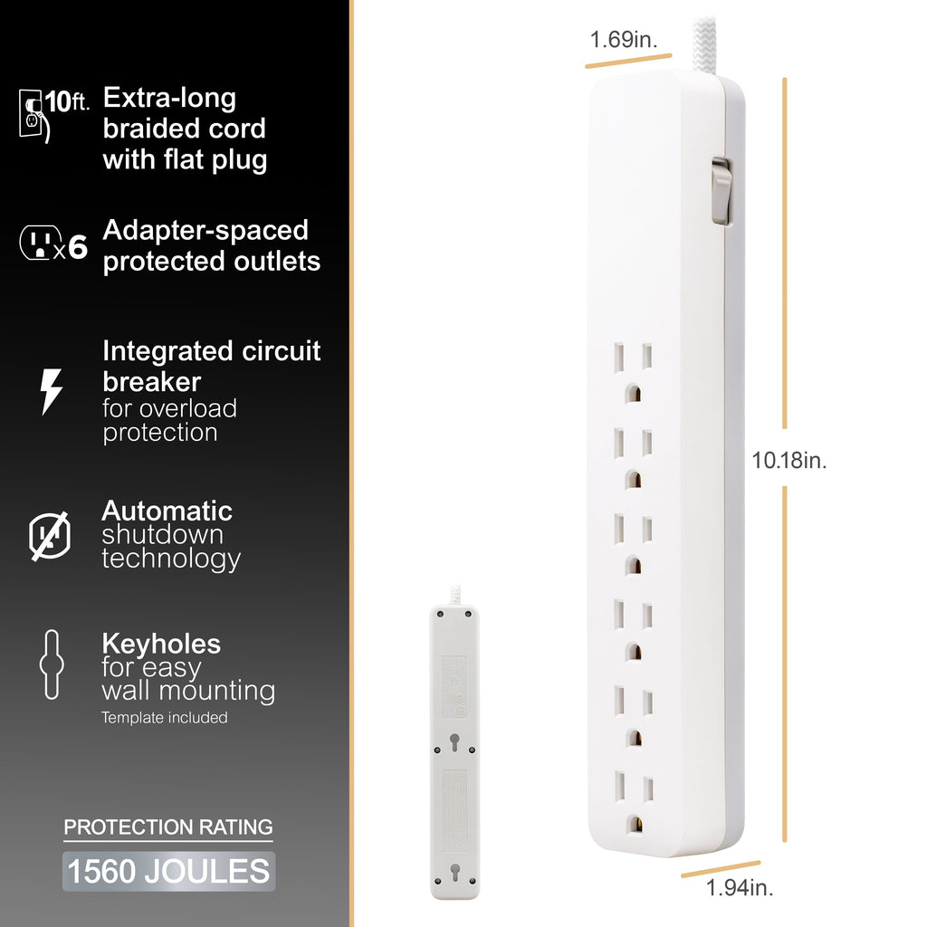 GE-branded 6-Outlet Surge Protector, 1560J, 10ft. White