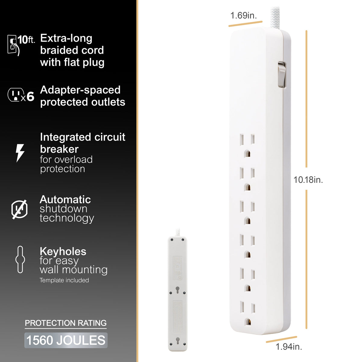 GE-branded 6-Outlet Surge Protector, 1560J, 10ft. White