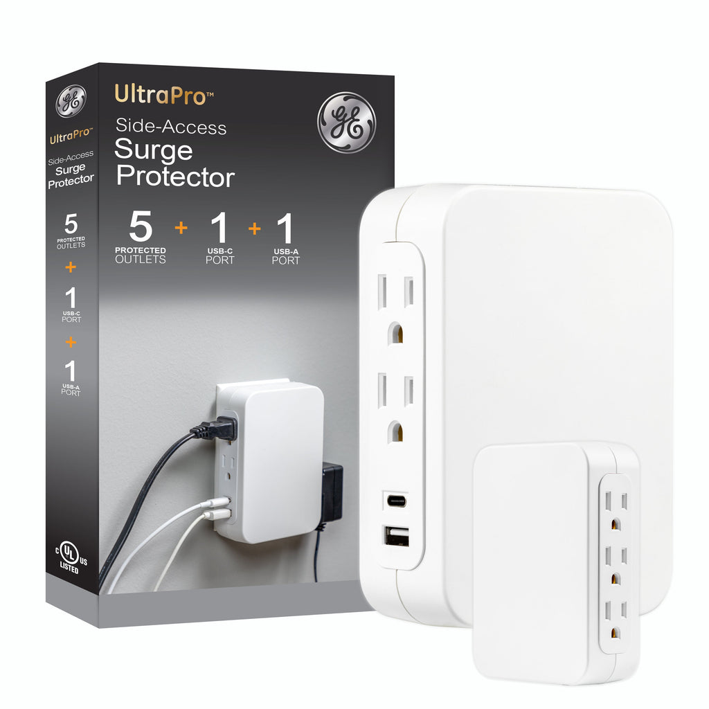 GE USB C 5 Outlet Extender, Side-Access, Wall Tap Surge Protector, Multi-Plug, USB A, 3-Prong, Secure Install, White,