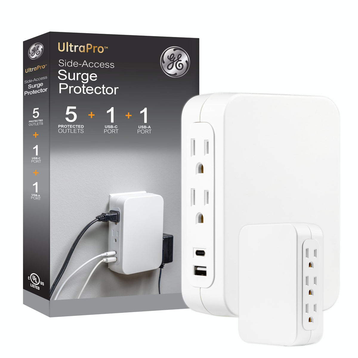 GE USB C 5 Outlet Extender, Side-Access, Wall Tap Surge Protector, Multi-Plug, USB A, 3-Prong, Secure Install, White,