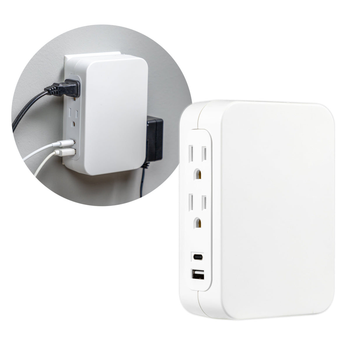 GE USB C 5 Outlet Extender, Side-Access, Wall Tap Surge Protector, Multi-Plug, USB A, 3-Prong, Secure Install, White,