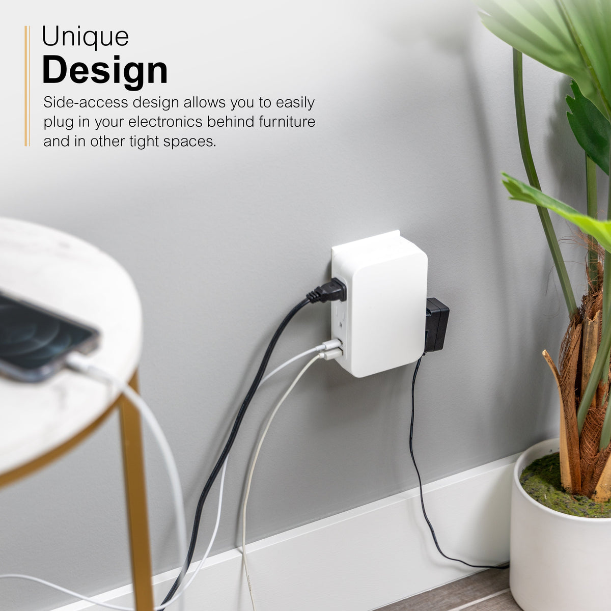 GE USB C 5 Outlet Extender, Side-Access, Wall Tap Surge Protector, Multi-Plug, USB A, 3-Prong, Secure Install, White,