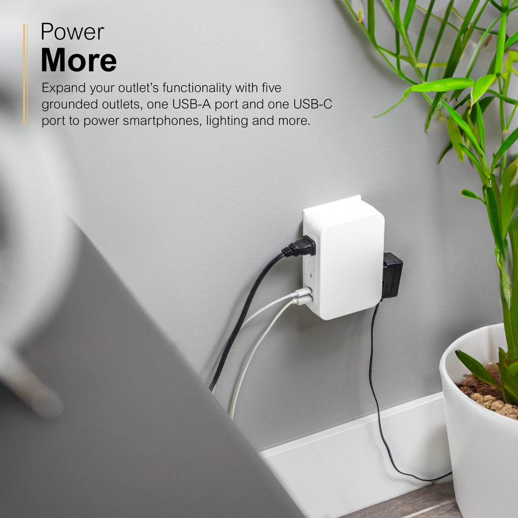 GE USB C 5 Outlet Extender, Side-Access, Wall Tap Surge Protector, Multi-Plug, USB A, 3-Prong, Secure Install, White,