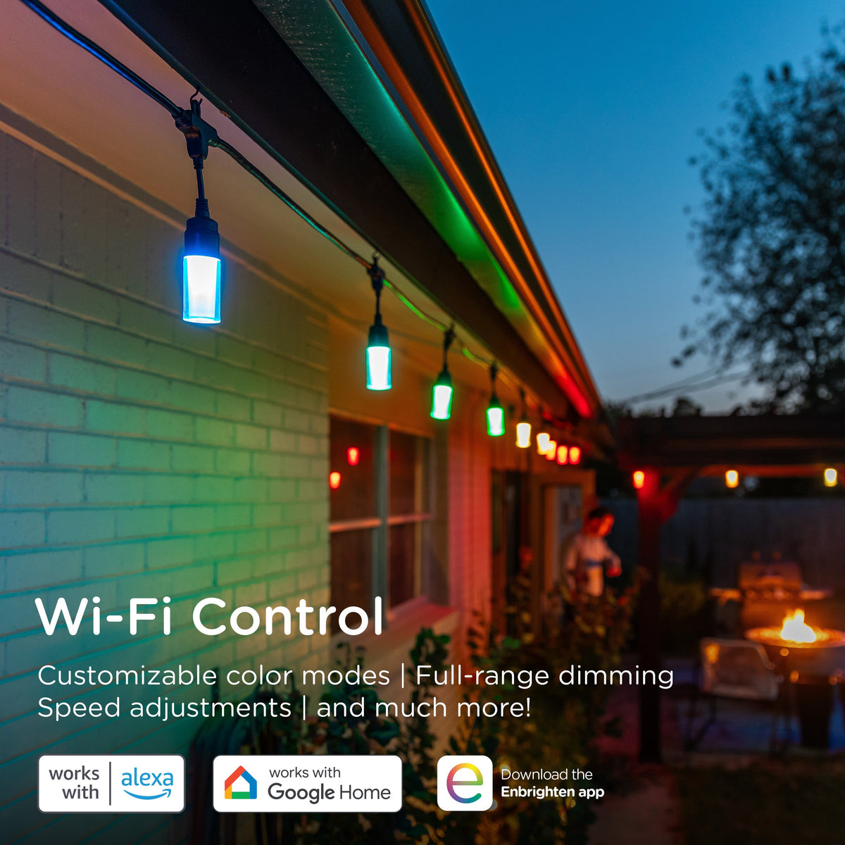 Enbrighten WiFi VIBE Modern Color-Changing LED Cafe Lights, 12 Bulbs, 24ft. Black Cord